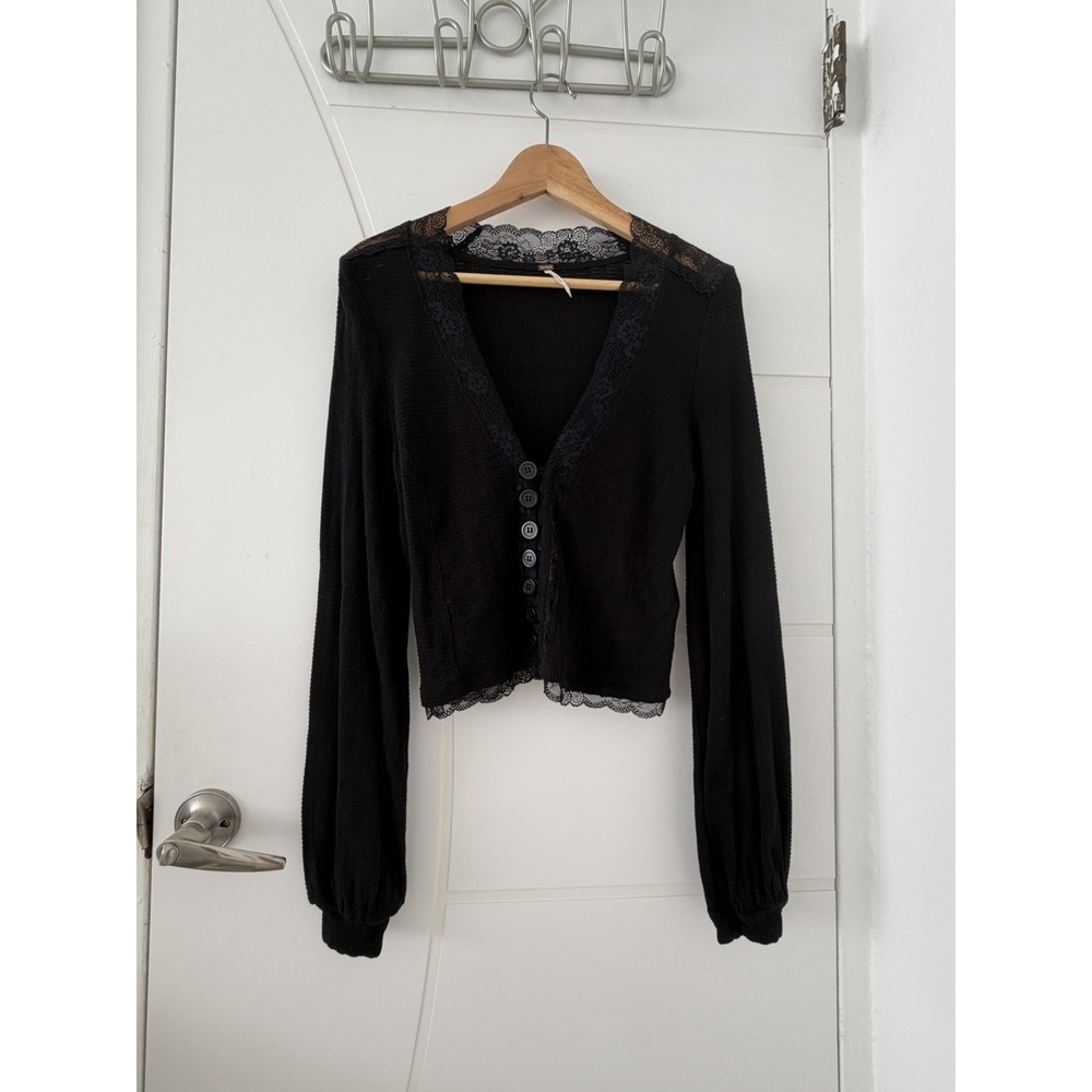 Free People Run With Me Cardigan Black Lace Trim Cropped Ribbed Top Size Large
